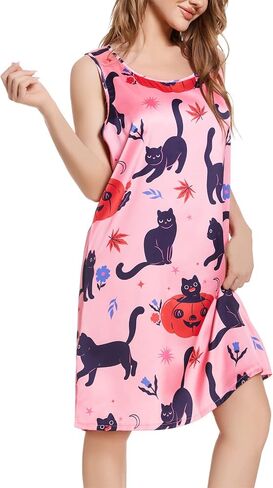 Tugege Women's Sleeveless Nightgowns Cute Print Nightshirts Comfy Satin Pajama Dress Scoopneck Sleepwear in Kuwait
