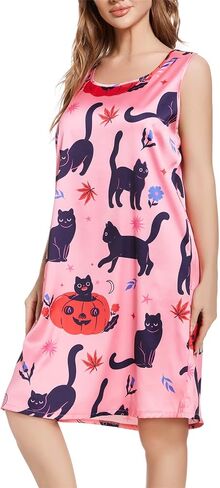 Tugege Women's Sleeveless Nightgowns Cute Print Nightshirts Comfy Satin Pajama Dress Scoopneck Sleepwear in Kuwait