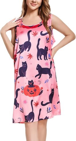 Tugege Women's Sleeveless Nightgowns Cute Print Nightshirts Comfy Satin Pajama Dress Scoopneck Sleepwear in Kuwait