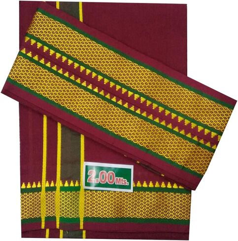 Kolakeer™ Men's Cotton Dhoti And Angavastram Set - 4 Mulam/1.9 Mtr Fancy Resham Bordered Dhoti With 1.5 Mtr Angavastram Towel in Saudi Arabia