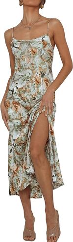Cantonwalker Women's Satin Spaghetti Straps Cowl Neck Sexy V-Back Cross Slip Cocktail Formal Midi Dress 0238 in Kuwait