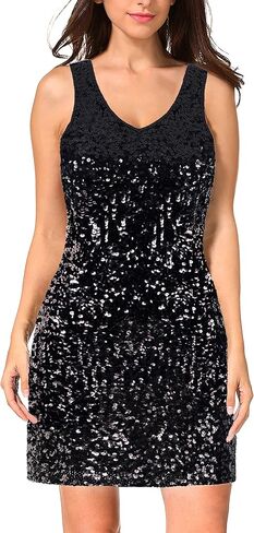 MANER Women's Sequin Dress Sparkly Glitter V-Neck Sleeveless Party Dress Club Cocktail Tank Dress in Kuwait