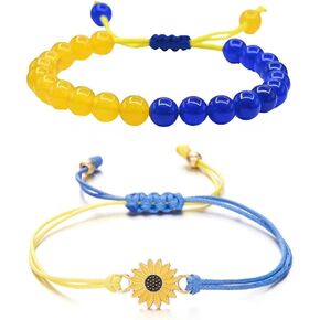 Pingyongchang Ukraine Flag Bracelet with Natural Crystal Bracelet Adjustable Bangles Set Ukrainian Yellow Blue Bracelet Hand Braided Bracelet for Men Women Kids Unisex
