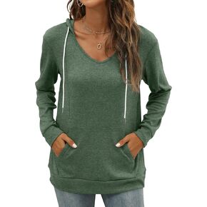 Saloogoe Kangaroo Pocket Hoodies for Womens V Neck Lightweight Sweatshirts Long Sleeve Tops
