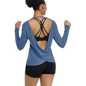 Muzniuer Women's Long Sleeve Workout Shirts Backless Yoga Shirts Cross Back Open Shirt