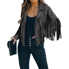 yoeasy Women Faux Suede Leather Tassel Coat Lapel Long Sleeve Motorcycle Short Fringe Jacket