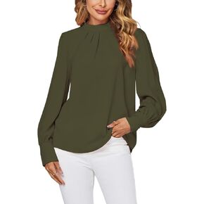 LYANER Women's Mock Neck Pleated Solid Long Sleeve Blouse Office Shirt Top in Saudi Arabia