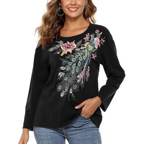 Long Sleeve Traditional Peacock Embroidered Cotton Tops for Women Vintage Ethnic Indian Blouse Mexican Tunic Boho Shirt