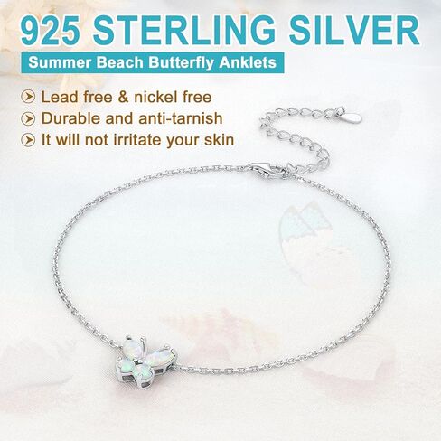 SILVERCUTE Butterfly Anklets for Women, S925 Foot Bracelet Birthstone Anklets Sterling Silver Adjustable Beach Anklet Length 8.5"-10.5" in Saudi Arabia