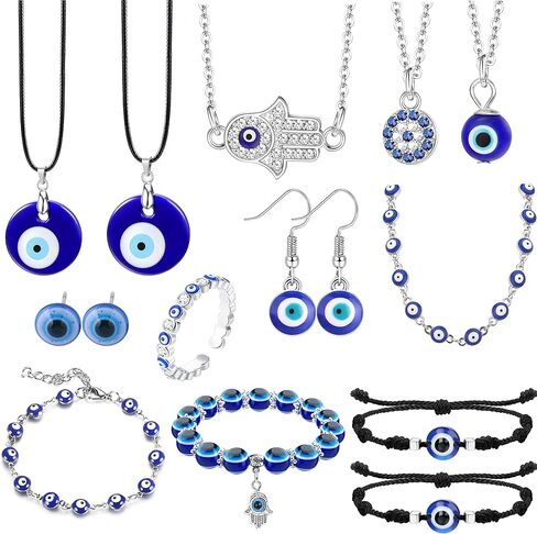 THUNARAZ Evil Eye Necklace Evil Eye Bracelet Pack for Women Men Hamsa Turkish Protection Bracelet Beaded Blue Eyes Earrings Rings Adjustable Lucky Protection Evil Eye Jewelry for Blessing in Saudi Arabia