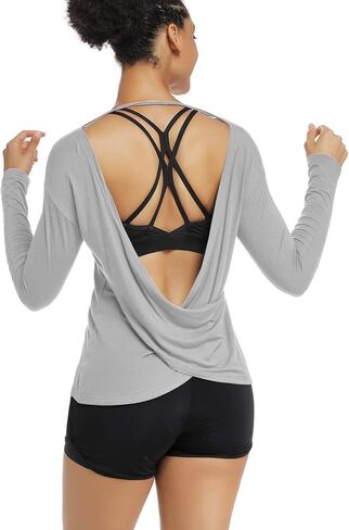 Muzniuer Women's Long Sleeve Workout Shirts Backless Yoga Shirts Cross Back Open Shirt in Kuwait