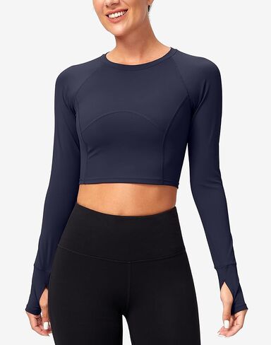 SANTINY Women's Long Sleeve Crop Workout Tops Slim Fit Gym Yoga Running Shirts for Women in Kuwait
