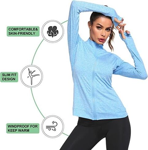 PINSPARK Lightweight Workout Jackets Womens Full Zip Slim Fit Athletic Running Jacket with Thumb Holes in Saudi Arabia