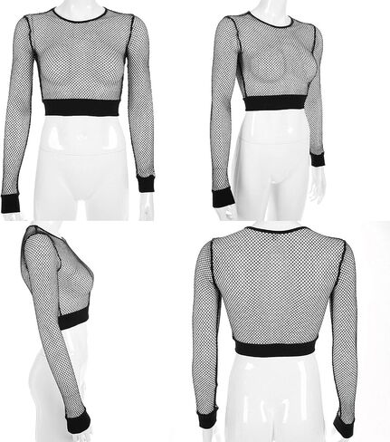 LXXIASHI Casual Women's Long Sleeve Mesh Crop Top Sexy Slim Pullover See-Through Fishnet T-Shirt Blouse in Kuwait