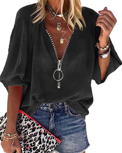 Cnkwei Womens V-Neck Lantern Sleeve Blouse Zipper Design Loose Casual Top Shirts in Saudi Arabia