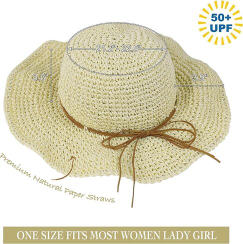 Women Sun Hat Wide Brim Floppy Beach Hat Breathable UV UPF 50+ Straw Hat Foldable Packable Summer Outdoor Cap in Kuwait