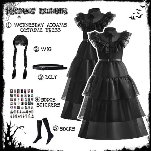 WOHOPARKI Wednesday Addams Dress Costumes for Girls Kids Birthday Halloween Family Cosplay Party in Saudi Arabia