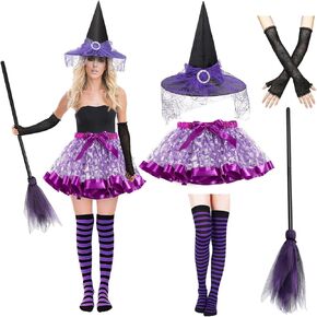 CAKKA Witch Costume for Women, 5PCS Halloween Costume with Hat Tutu Broom Striped Thigh Socks Gloves, Full Witch Accessories