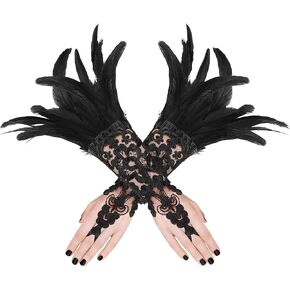 HONGTEYA 2PCS المرأة السوداء ريشة الدانتيل قفازات طويلة الساحرة زي الملحقات للنساء، Gothis الدانتيل شبكة قفازات طويلة لعيد الهالوين حفل زفاف تأثيري in Kuwait