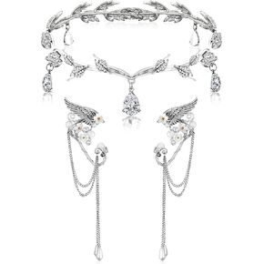 Rhinestone Fairy Elf Leaf Wedding Headband Elf Ear Cuffs for Brides Elf Crown Fairy Accessory for Prom Photoshoot Women Pageant Wedding Cosplay Party (Silver, Elf Ears) in Saudi Arabia