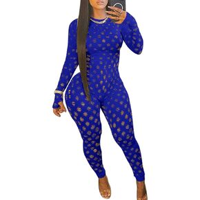 OLUOLIN Sexy Bodycon Jumpsuits See Through Mesh Lace Hollow Out One Piece Club Outfits Clubwear