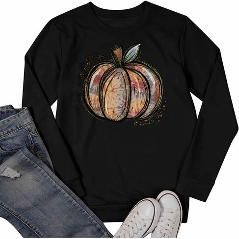 GeLivable المرأة اليقطين الخريف عيد الشكر طباعة الجرافيك بلوزات Crewneck كم طويل عادية فضفاضة تناسب القمم in Kuwait