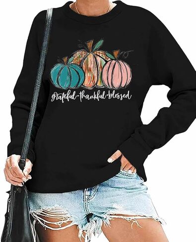 GeLivable المرأة اليقطين الخريف عيد الشكر طباعة الجرافيك بلوزات Crewneck كم طويل عادية فضفاضة تناسب القمم in Kuwait