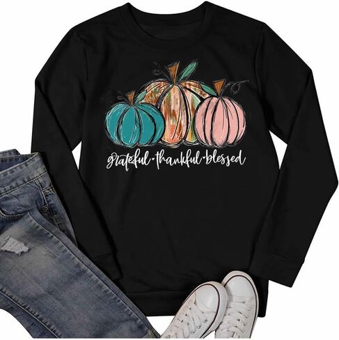 GeLivable المرأة اليقطين الخريف عيد الشكر طباعة الجرافيك بلوزات Crewneck كم طويل عادية فضفاضة تناسب القمم in Kuwait