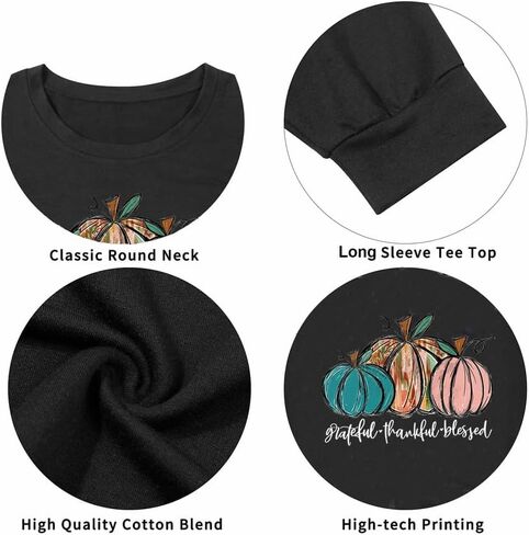 GeLivable المرأة اليقطين الخريف عيد الشكر طباعة الجرافيك بلوزات Crewneck كم طويل عادية فضفاضة تناسب القمم in Kuwait