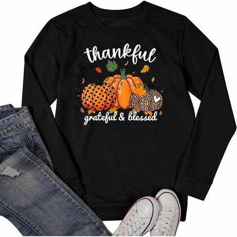 GeLivable المرأة اليقطين الخريف عيد الشكر طباعة الجرافيك بلوزات Crewneck كم طويل عادية فضفاضة تناسب القمم in Kuwait