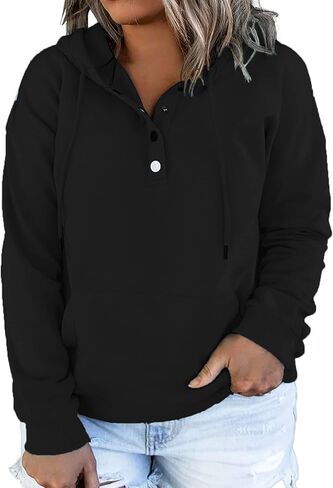 VISLILY Women's-Plus-Size-Hoodies Buttons Collar Hooded Sweatshirts Drawstring Pullover Tops with Kangaroo Pocket XL-4XL in Kuwait