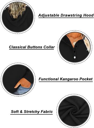 VISLILY Women's-Plus-Size-Hoodies Buttons Collar Hooded Sweatshirts Drawstring Pullover Tops with Kangaroo Pocket XL-4XL in Kuwait