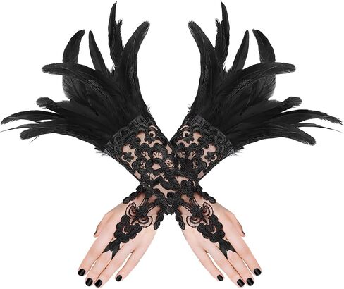 HONGTEYA 2PCS المرأة السوداء ريشة الدانتيل قفازات طويلة الساحرة زي الملحقات للنساء، Gothis الدانتيل شبكة قفازات طويلة لعيد الهالوين حفل زفاف تأثيري in Kuwait