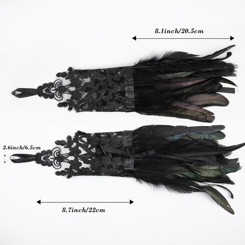 HONGTEYA 2PCS المرأة السوداء ريشة الدانتيل قفازات طويلة الساحرة زي الملحقات للنساء، Gothis الدانتيل شبكة قفازات طويلة لعيد الهالوين حفل زفاف تأثيري in Kuwait