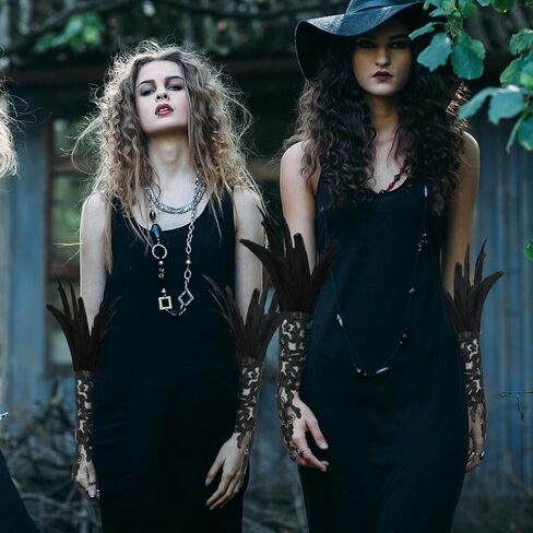 HONGTEYA 2PCS المرأة السوداء ريشة الدانتيل قفازات طويلة الساحرة زي الملحقات للنساء، Gothis الدانتيل شبكة قفازات طويلة لعيد الهالوين حفل زفاف تأثيري in Kuwait