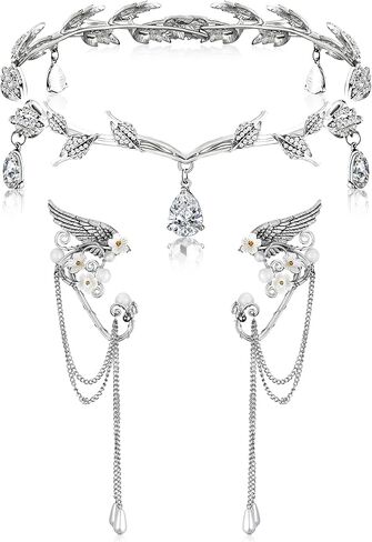 Rhinestone Fairy Elf Leaf Wedding Headband Elf Ear Cuffs for Brides Elf Crown Fairy Accessory for Prom Photoshoot Women Pageant Wedding Cosplay Party (Silver, Elf Ears) in Kuwait