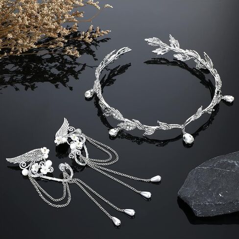 Rhinestone Fairy Elf Leaf Wedding Headband Elf Ear Cuffs for Brides Elf Crown Fairy Accessory for Prom Photoshoot Women Pageant Wedding Cosplay Party (Silver, Elf Ears) in Kuwait