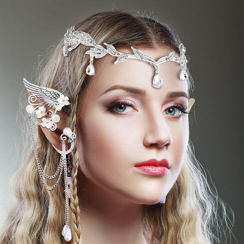 Rhinestone Fairy Elf Leaf Wedding Headband Elf Ear Cuffs for Brides Elf Crown Fairy Accessory for Prom Photoshoot Women Pageant Wedding Cosplay Party (Silver, Elf Ears) in Kuwait