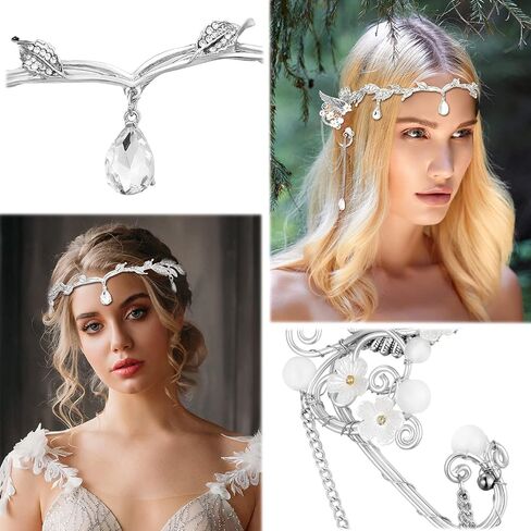 Rhinestone Fairy Elf Leaf Wedding Headband Elf Ear Cuffs for Brides Elf Crown Fairy Accessory for Prom Photoshoot Women Pageant Wedding Cosplay Party (Silver, Elf Ears) in Kuwait