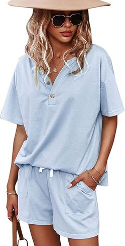 CORSKI Women's Short Sleeve Sweatsuit Sets Lounge 2 Piece V Neck Tracksuit Casual Loose Fit Outfits in Kuwait