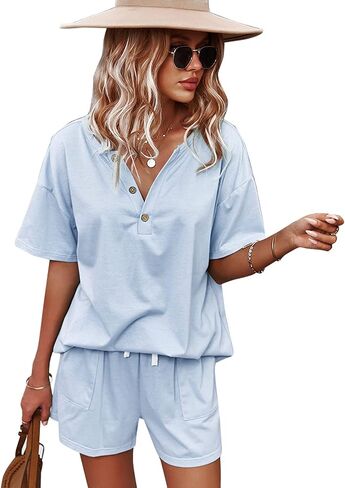 CORSKI Women's Short Sleeve Sweatsuit Sets Lounge 2 Piece V Neck Tracksuit Casual Loose Fit Outfits in Kuwait