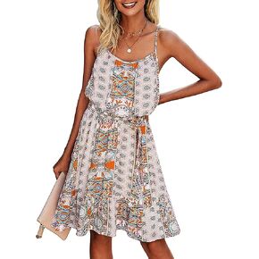 PRETTYGARDEN Women’s Summer Mini Sundress Casual Spaghetti Strap Dresses Floral Sleeveless Ruffle Short Dress with Belt in Saudi Arabia