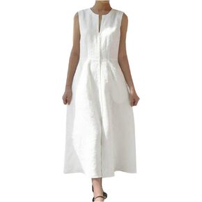Ladyful Women's V Neck Solid Color Sleeveless Cotton Linen Dress in Saudi Arabia