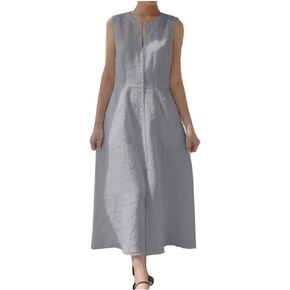Ladyful Women's V Neck Solid Color Sleeveless Cotton Linen Dress in Saudi Arabia