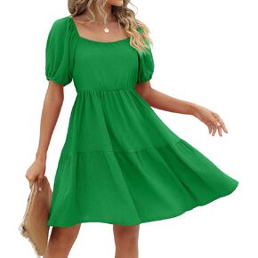 Womens Dresses Square Neck Puff Sleeve Casual Loose Spring A-Line Dresses in Kuwait