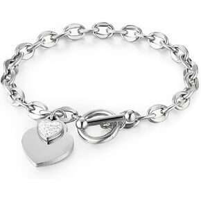 HZMAN Stainless Steel Silver/Rose/18k Gold Plated Zircon Heart Bracelet for Women Girls Romantic Gift Toggle Clasp Link Bracelets