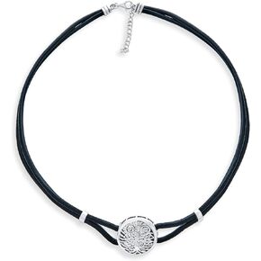 Round Disc Medallion Genuine Black Leather Celtic Sun Rising & Wishing Tree Of Life Collar Choker Necklace For Women .925 Sterling Silver in Kuwait
