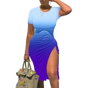 GOKATOSAU Women's Sexy Bodycon Short Sleeve Slit Ruched Summer Club Party Midi Dress