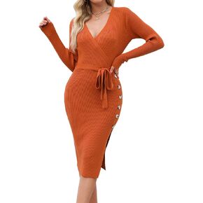 Kenaque 2023 فستان سترة نسائي خريفي بأكمام طويلة مثير بياقة على شكل V وفتحة جانبية التفاف Bodycon مضلع متماسكة فساتين متوسطة الطول in Kuwait