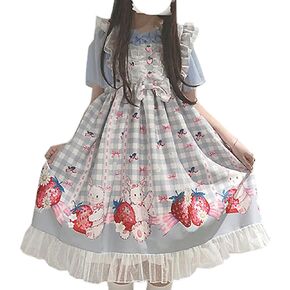 Sweet Teens Japanese Style Lolita Dress Cute Bunny Strawberry Print High Waist Plaid Dresses